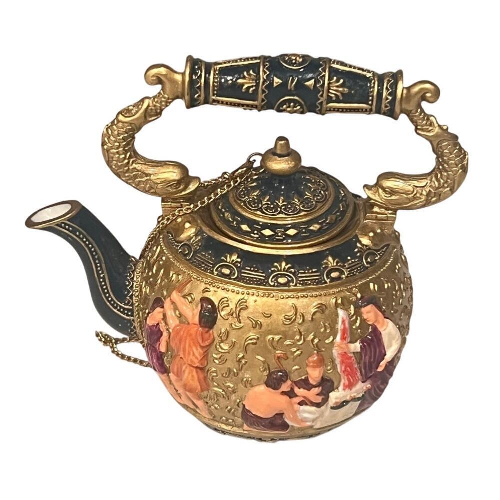 Nini Vienna Miniature Gold Hand Painted Resin Teapot with Chained Lid #6-4